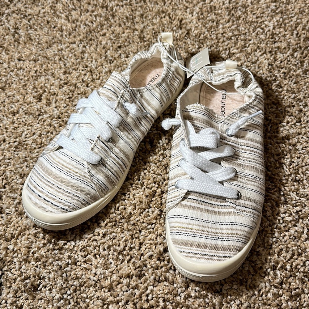 Tan, cream, and black striped shoes! Never worn